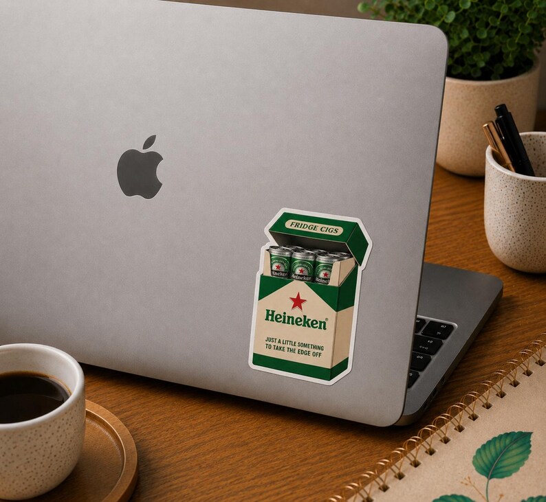 Peut inclure: Un autocollant repr&eacute;sentant une bo&icirc;te de bi&egrave;re Heineken &eacute;tiquet&eacute;e "Fridge Cigs" avec de petites canettes de bi&egrave;re vertes &agrave; l'int&eacute;rieur. La bo&icirc;te est verte et blanche avec une &eacute;toile rouge.