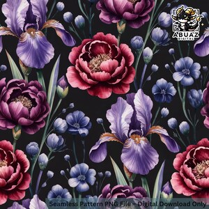 May include: Seamless floral pattern featuring watercolor illustrations of irises, peonies, and other flowers in shades of purple, burgundy, and blue against a black background. The text "Seamless Pattern PNG File - Digital Download Only" is at the bottom.