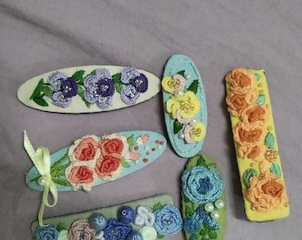 6PCS Embroidered Floral Hair Clip, Cottagecore 3D Flower Barrette, Hand Stitched Botanical Accessory, Boho Chic Gift for Her, Vintage Style