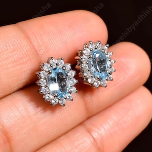 Natural flawless Aquamarine Studs Earrings-925 Sterling Silver Earrings-Art Deco Vintage Earrings-Women&#39;s Earring-Engagement Earring Studs