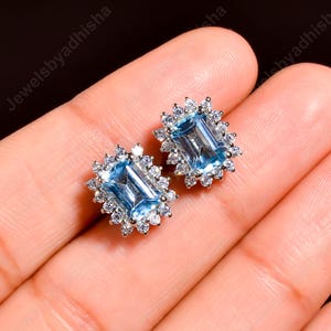 Natural flawless Aquamarine Studs Earrings-925 Sterling Silver Earrings-Art Deco Vintage Earrings-Women&#39;s Earring-Engagement Earring Studs