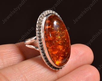Baltic Amber Ring, Oval Gemstone, Art Deco Sterling Silver