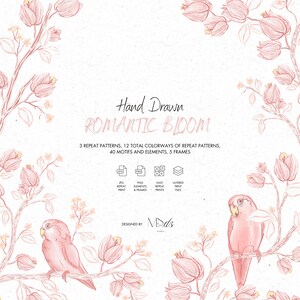 Romantic Floral Pattern Bundle | Bougainvillea and Bird Seamless Prints | PNG Elements and Frames