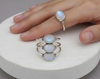 Handgemachte Sterling Silber Drei Stein Mondstein Ring