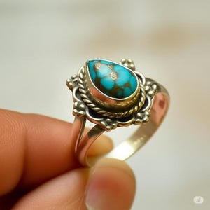 Blue Copper Turquoise Ring: Pear Gemstone, Sterling Silver Boho Jewelry