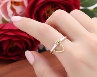 Sterling Silver Heart Dangle Charm Ring: Boho Promise Ring
