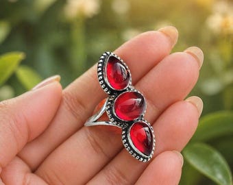 Handmade Red Garnet Sterling Silver Three Stone Ring, Antique Jewelry