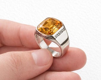 Anillo de sello para hombre de plata de ley con citrino, diseño vintage cuadrado con gema (piedra de nacimiento de noviembre).