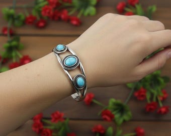 Manchette Bohème En Argent 925 Avec Vraies Turquoises Bleues – Taille Unique, Neuve Sans Boîte
