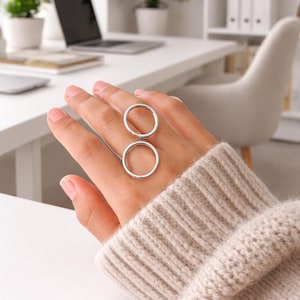 Sterling Silver Dual Circle Unity Ring, Connected Bands Harmony Loop Jewelry