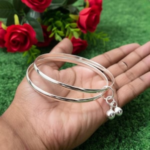 Handmade Sterling Silver Indian Kada Bangle Bracelet with Bells