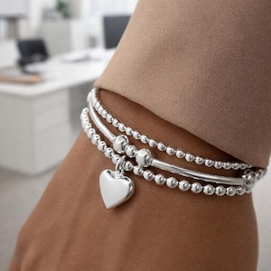 Armband i sterlingsilver med puff-hjärta, 3 mm pärlstretchsmycken