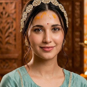 May include: A gold-toned headband featuring a series of circular, floral-inspired motifs adorned with small white beads and clear crystals. The headband is worn across the top of the head, complemented by matching circular stud earrings with similar bead and crystal detailing.