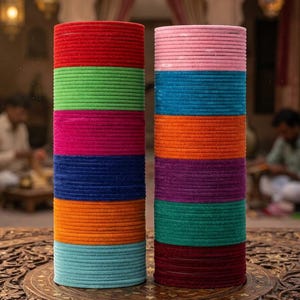 May include: Two vertical stacks of thin, circular bangles with a soft, matte, velvet-like texture. The left stack features bands in red, green, magenta, blue, orange, and light blue. The right stack includes bands in pink, blue, orange, purple, teal, and dark red.