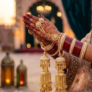 Kaleere dourado para noivas com pérolas, joia pendente Punjabi Chooda