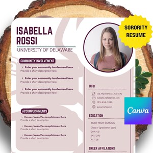 Sorority Resume Template with Photo, Sorority Cover Letter, Canva Template, Cute Sorority Resume, Pink Resume, CV Template