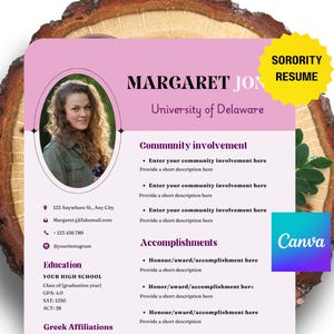 Sorority Resume Template: Pink Cover Letter, Canva Editable (Digital Download)