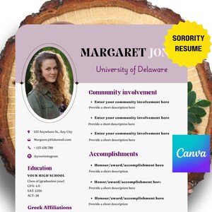 Sorority Resume Template: Pink Cover Letter, Canva Editable (Digital Download