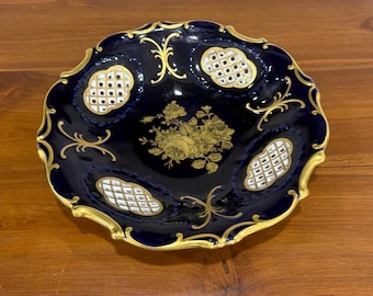Cobalt reticulated Gold Cabbage Rose Pirkenhammer Czechoslovakia Bowl