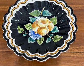 Unusual Black floral Outeiro Agueda from Portugal earthenware bowl signed  Dinis