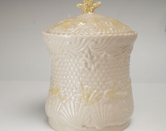 Vtg BELLEEK Ireland Parian China Shell BISCUIT JAR Green Mark