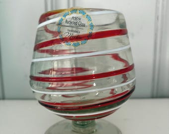 Hand-blown Recycled Glass Red Stripped Brandy/ cognac siffner -Mexico- new