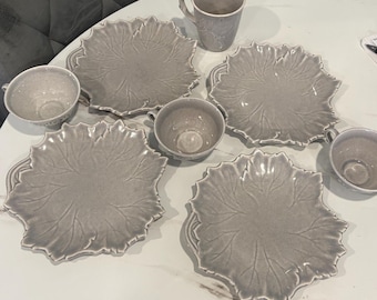 Steubenville Woodfield Dove Gray Leaf Salad Plates, Cups, Mug Set