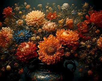 Rustic Autumn Floral Art Print Set – Vintage Orange Floral Bouquet Digital Download, Warm Botanical Wall Art for Home Decor (Set of 4)