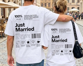 Just Married-shirts met datum, grappig huwelijksreis-T-shirt, T-shirt man en vrouw, gepersonaliseerde bruiloft bijpassende sweater Mr Mrs Newlywed-trui