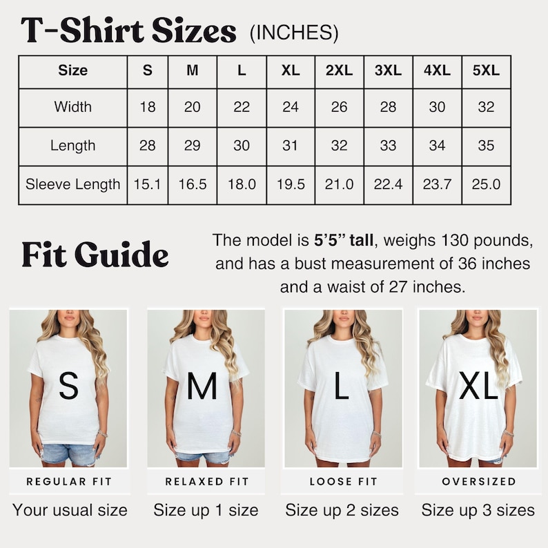 Op de afbeelding: Een maattabel voor t-shirts in inches, van S tot 5XL, met afmetingen voor breedte, lengte en mouwlengte. Een pasvormgids toont hoe de shirts passen, met modellen in verschillende maten. Het model is 1,65 m lang, weegt 59 kg, met een borstomvang van 91 cm en een taille van 69 cm.