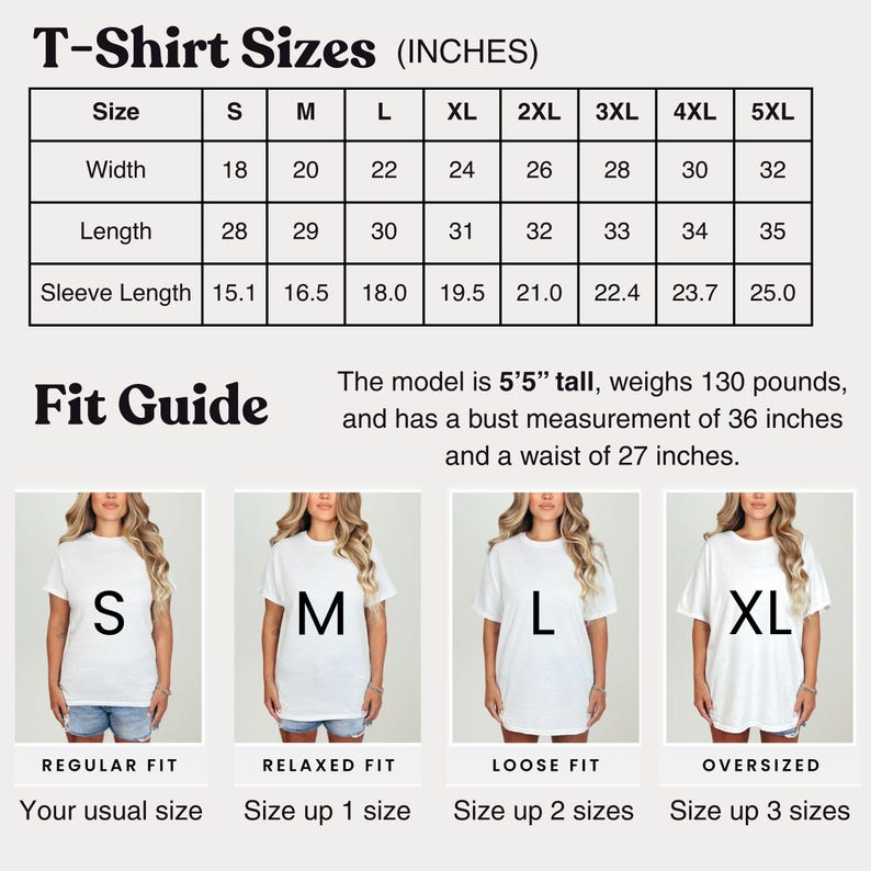 Op de afbeelding: Een witte t-shirt maattabel met afmetingen in inches. De tabel bevat maten van S tot 5XL, met bijbehorende breedte, lengte en mouwlengte maten. Een pasvormgids toont hoe de shirts passen, van normaal tot oversized. Het model is 165cm lang, weegt 59kg.