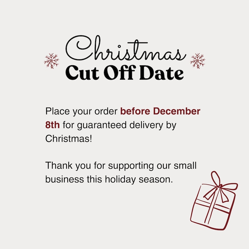 Pode incluir: Gr&aacute;fico creme com o texto "Christmas Cut Off Date" em escrita preta e negrito. O texto aconselha a encomendar antes de 8 de dezembro para entrega garantida no Natal. Uma ilustra&ccedil;&atilde;o de caixa de presente est&aacute; no canto inferior direito.