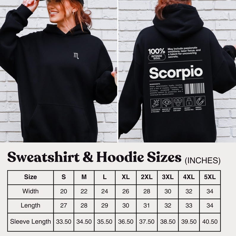 Pode incluir: Moletom preto com bolso frontal e um pequeno s&iacute;mbolo "m" bordado. A parte de tr&aacute;s apresenta a palavra "Scorpio" em branco, juntamente com texto sobre emo&ccedil;&otilde;es intensas e foco a laser. Tabela de tamanhos em polegadas tamb&eacute;m inclu&iacute;da.