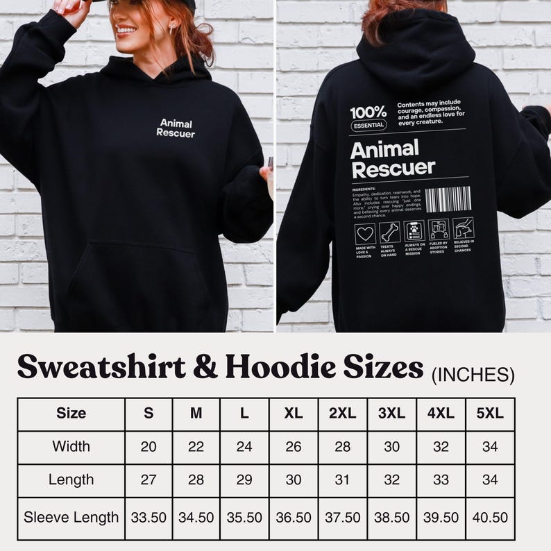 Op de afbeelding: Zwarte hoodie met de tekst "Animal Rescuer" op de voor- en achterkant. De achterkant heeft ook een afbeelding met de tekst "100% Essential" en een ingredi&euml;ntenlijst. Een maattabel in cm is inbegrepen.
