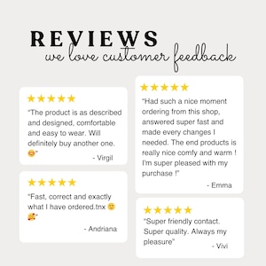 Op de afbeelding: Afbeelding met klantbeoordelingen met vijfsterrenbeoordelingen. De tekst luidt "REVIEWS we love customer feedback." Beoordelingen benadrukken productcomfort, snelle service en superkwaliteit. Namen van recensenten zijn opgenomen.