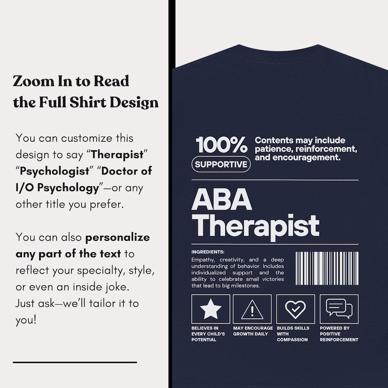 K&ouml;nnte beinhalten: Marineblaues T-Shirt mit wei&szlig;em Text, der &bdquo;ABA Therapist&ldquo; lautet. Das Shirt enth&auml;lt den Text &bdquo;100% Supportive&ldquo; und andere Texte &uuml;ber das Design des Shirts. Das Shirt hat auch Symbole und Text &uuml;ber die Inhaltsstoffe des Shirts.