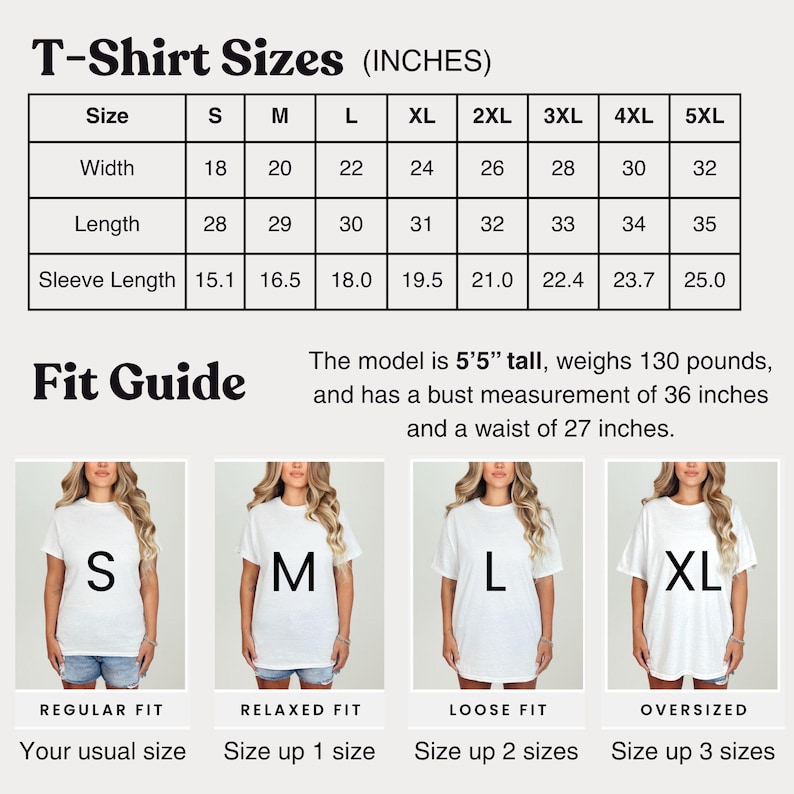K&ouml;nnte beinhalten: Eine wei&szlig;e T-Shirt-Gr&ouml;&szlig;entabelle mit Ma&szlig;en in Zoll f&uuml;r die Gr&ouml;&szlig;en S bis 5XL. Die Tabelle enth&auml;lt Breite, L&auml;nge und &Auml;rmell&auml;nge. Ein Gr&ouml;&szlig;enratgeber zeigt, wie die Shirts passen, mit den Ma&szlig;en eines Models und Passformen.