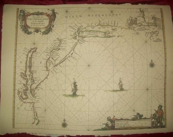 Replica  1666 Dutch Seachart of the Atlantic coast of America from Cape Cod to Cape Hatteras, Historical Reenactment, Pirate Cosplay