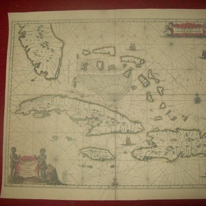 Replik 1657 Holländische Seekarte von Südflorida, den Bahamas, Kuba, Jamaika und Hispaniola, historisches Reenactment, Piraten Cosplay