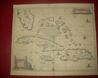 Replica 1657 Dutch Seachart of Southern Florida, the Bahamas, Cuba, Jamaica, and Hispaniola, Historical Reenactment, Pirate Cosplay