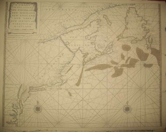 Replica 1713 English Seachart of of New Foundland, New Scotland, New England, New York, New Jersey, with Virginia and Maryland