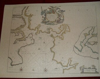 Replica 1693 English Map of Plymouth Harbour in southern England