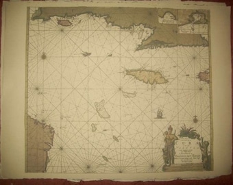 Replica 1712 Dutch Seachart of the Antilles, Greater, Cuba, and Jamaica, Historical Reenactment, Pirate Cosplay