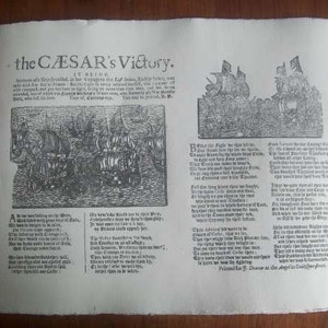May include: A black and white vintage print depicting a naval battle scene with ships and text. The text reads "the CAESAR's Victory." and includes a poem about the battle.