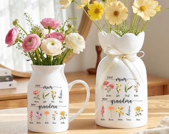 Personalized Birth Flower Vase for Grandma, First Mom Now Grandma Gift, Custom Grandkids Name Vase, Mothers Day Gift for Grandma