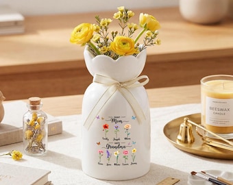 Jarrón de flores personalizado para la abuela, regalo floral del mes de nacimiento para la abuela, recuerdo con el nombre de los nietos, decoración para el Día de la Madre.