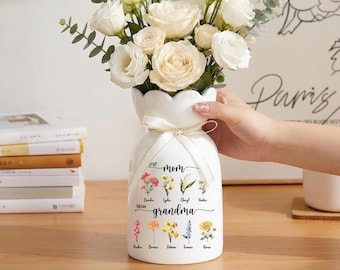 Custom Grandma’s Garden Birth Flower Vase, Personalized Grandkids Name Vase, First Mom Now Grandma Keepsake, Mother’s Day Sentimental Gift