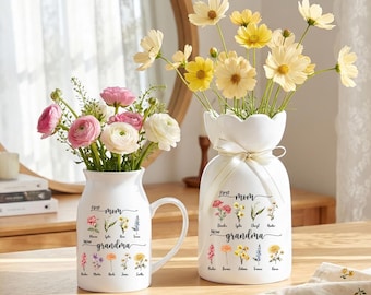 Personalized Birth Flower Vase for Grandma, First Mom Now Grandma Gift, Custom Grandkids Name Vase, Mothers Day Gift for Grandma