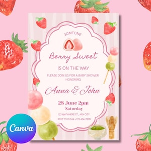 Berry Sweet Baby Shower Invitation, Japanese Strawberry Mochi Theme, Printable Digital Invite, Girl Baby Shower, Pink Dango, Matcha