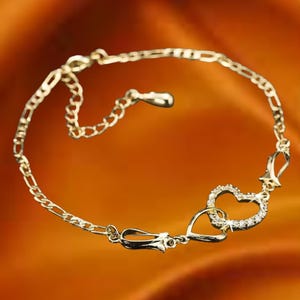 Round Cut Natural Moissanite Anklet, 14k Yellow Gold Diamond Double Heart Shaped Anklet, Women&#39;s Anklet, Minimalist Jewelry , Gift For Her